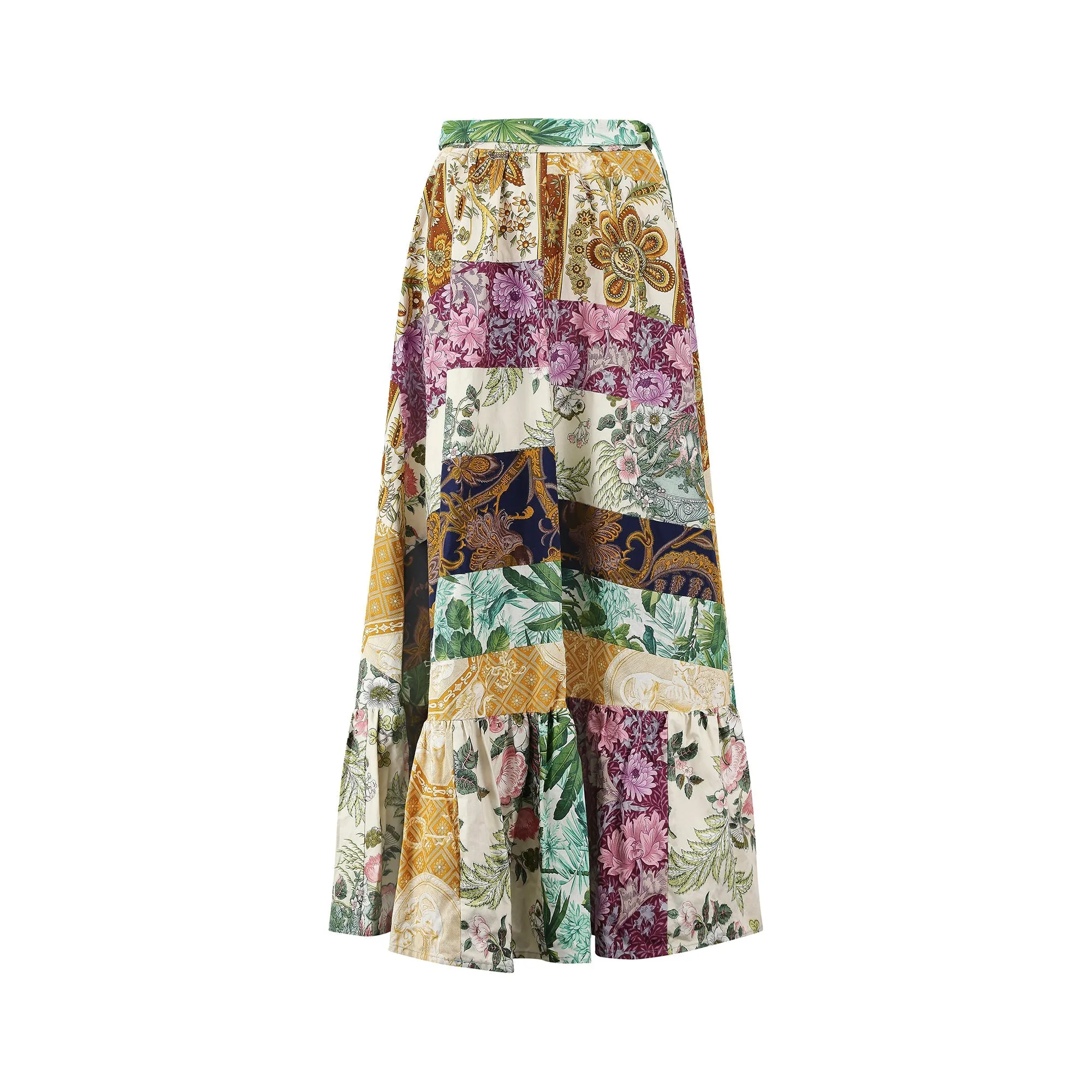 1970s Cotton Patchwork Skirt with Deep Flounce