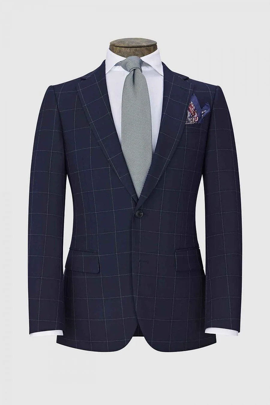 2 Piece Navy Blue Business Casual Notch Lapel Plaid Men Suit (Blazer Pants）