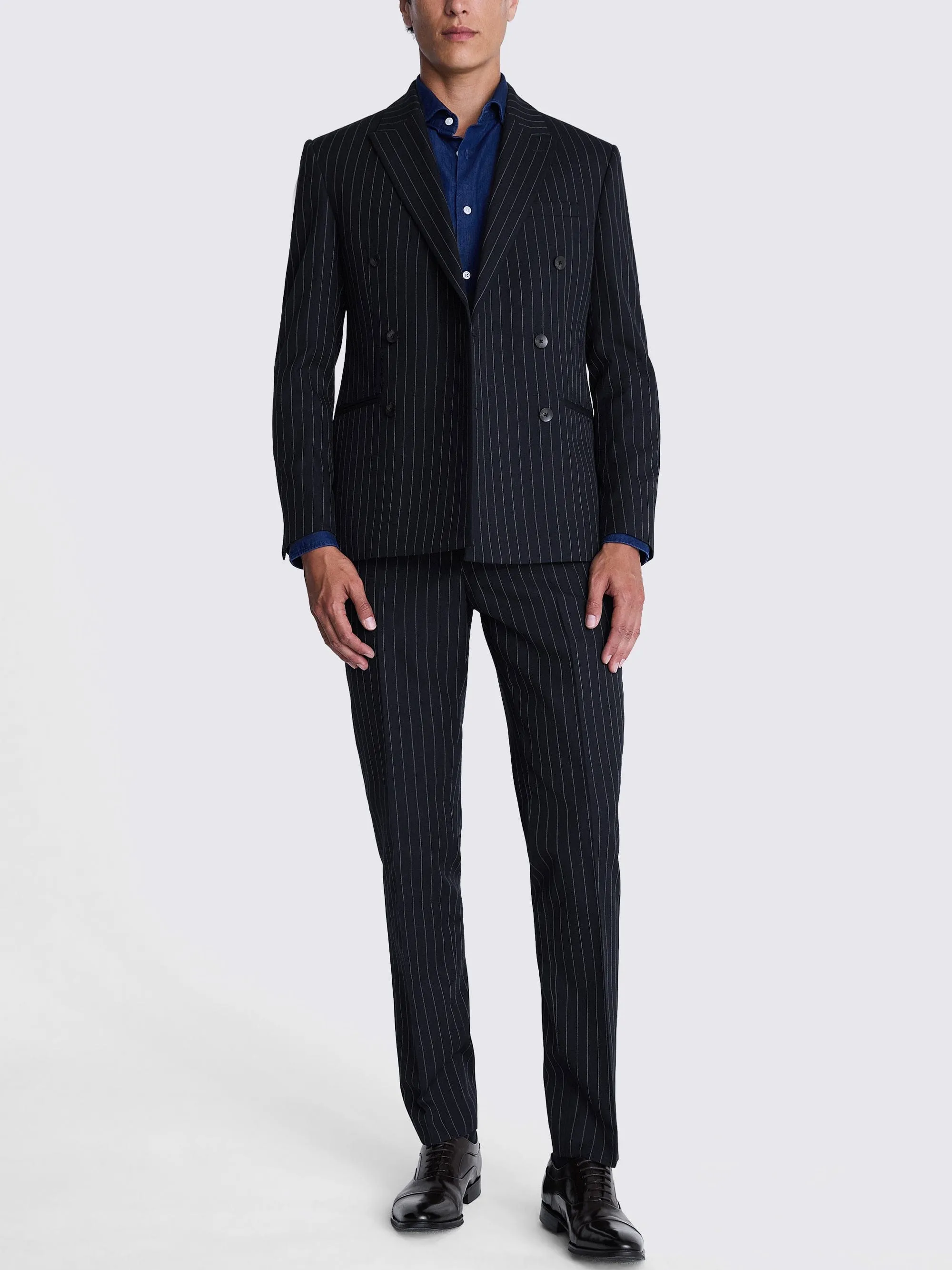 2 Piece Navy Business Double Breasted Peak Lapel Striped Suit