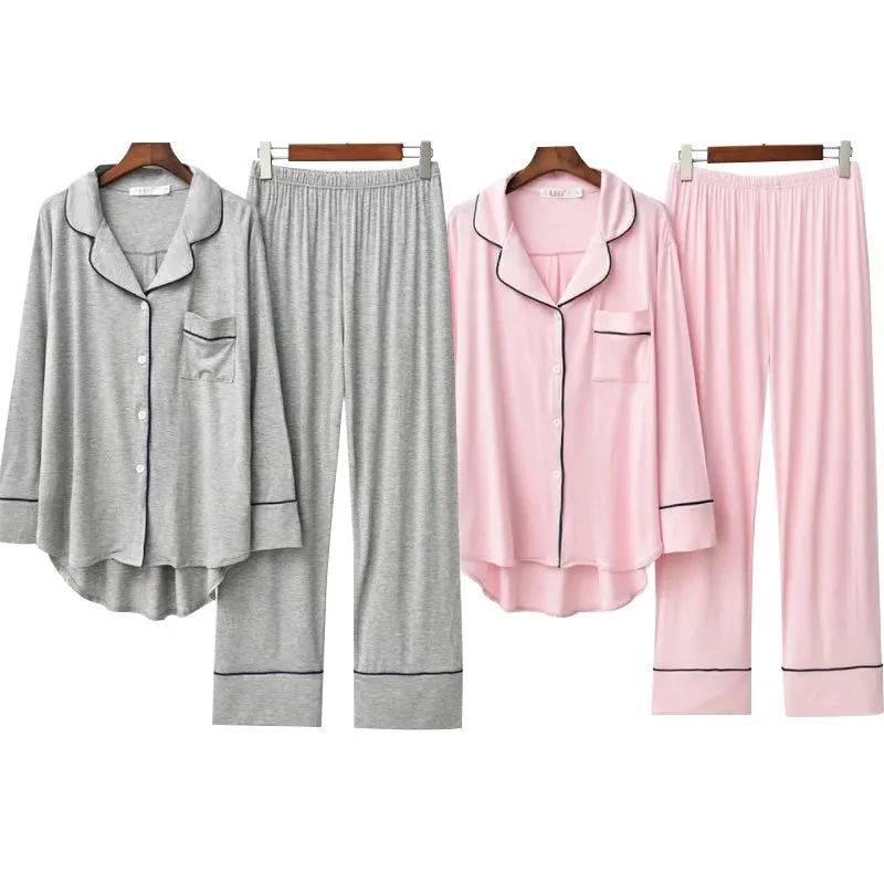 2PCS Pajama Sets Women Long Sleeve Solid Modal Loose Breathable Soft Lady Suit Womens Korean Style Home Clothing Comfortable