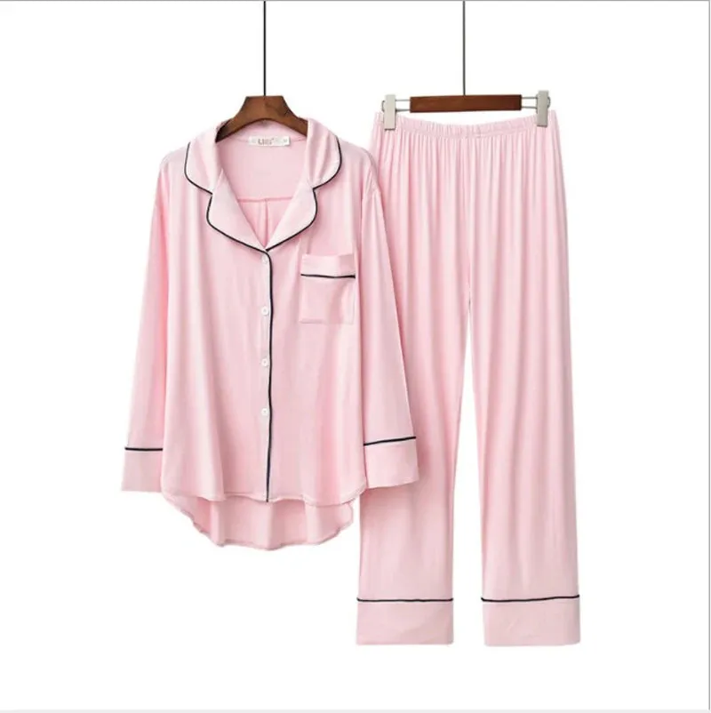 2PCS Pajama Sets Women Long Sleeve Solid Modal Loose Breathable Soft Lady Suit Womens Korean Style Home Clothing Comfortable