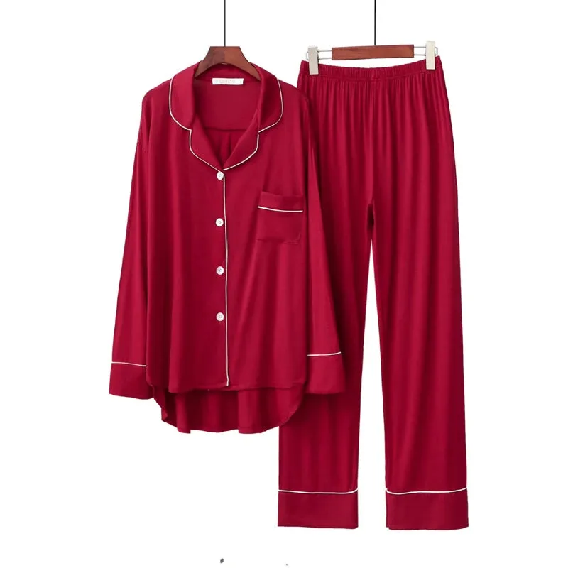 2PCS Pajama Sets Women Long Sleeve Solid Modal Loose Breathable Soft Lady Suit Womens Korean Style Home Clothing Comfortable