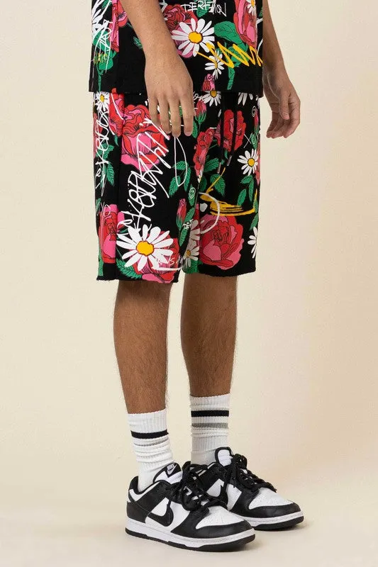 All Over Rose Bloom Print Shorts