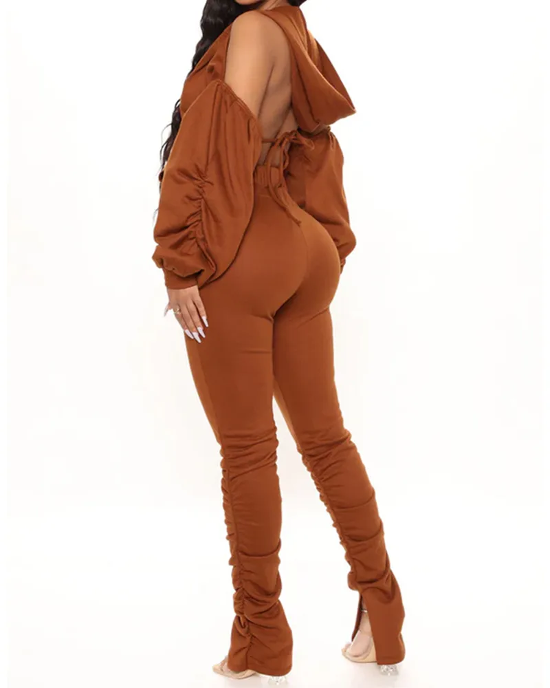 Backless Tied Hooded Hoodies High Waist Tight Pants Suit