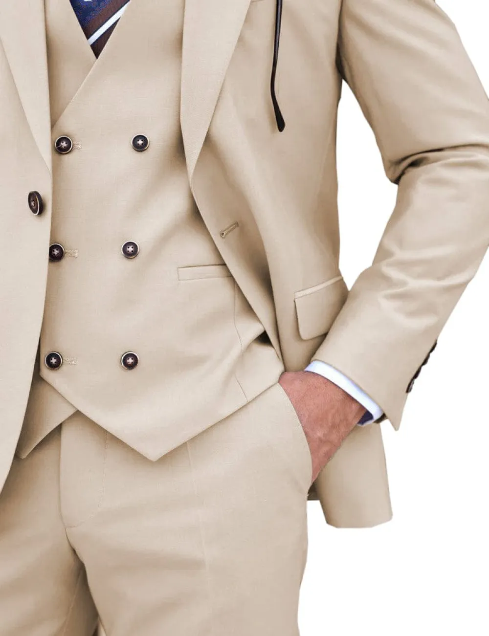 Beige 3 Piece Peak Lapel Men's Suit (Blazer Vest Pants)