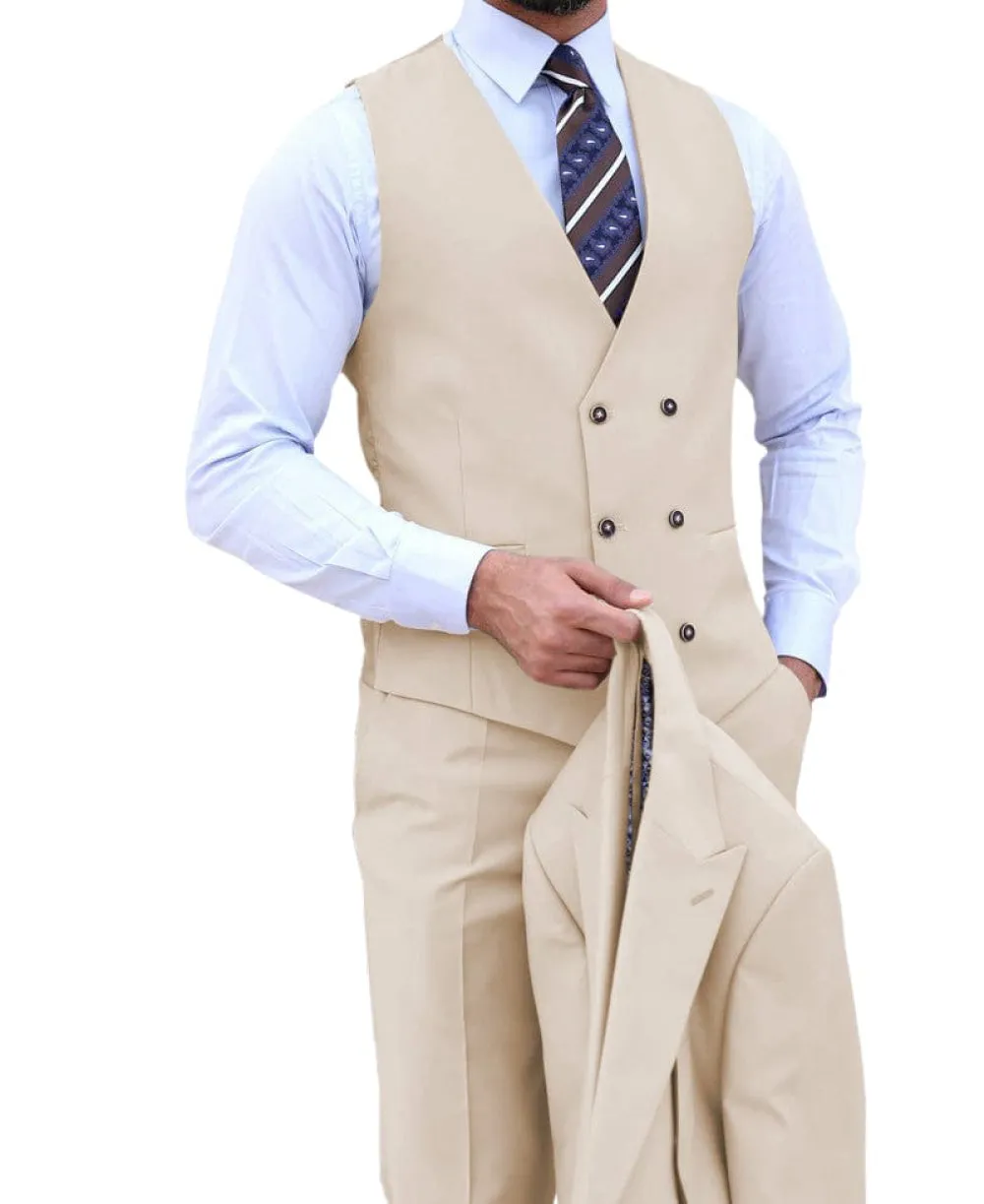 Beige 3 Piece Peak Lapel Men's Suit (Blazer Vest Pants)