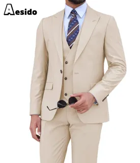 Beige 3 Piece Peak Lapel Men's Suit (Blazer Vest Pants)