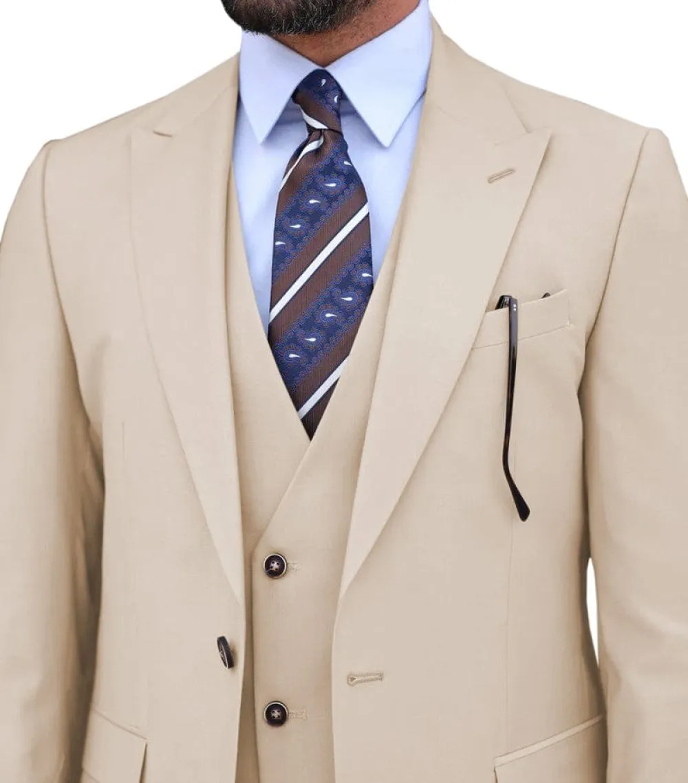 Beige 3 Piece Peak Lapel Men's Suit (Blazer Vest Pants)