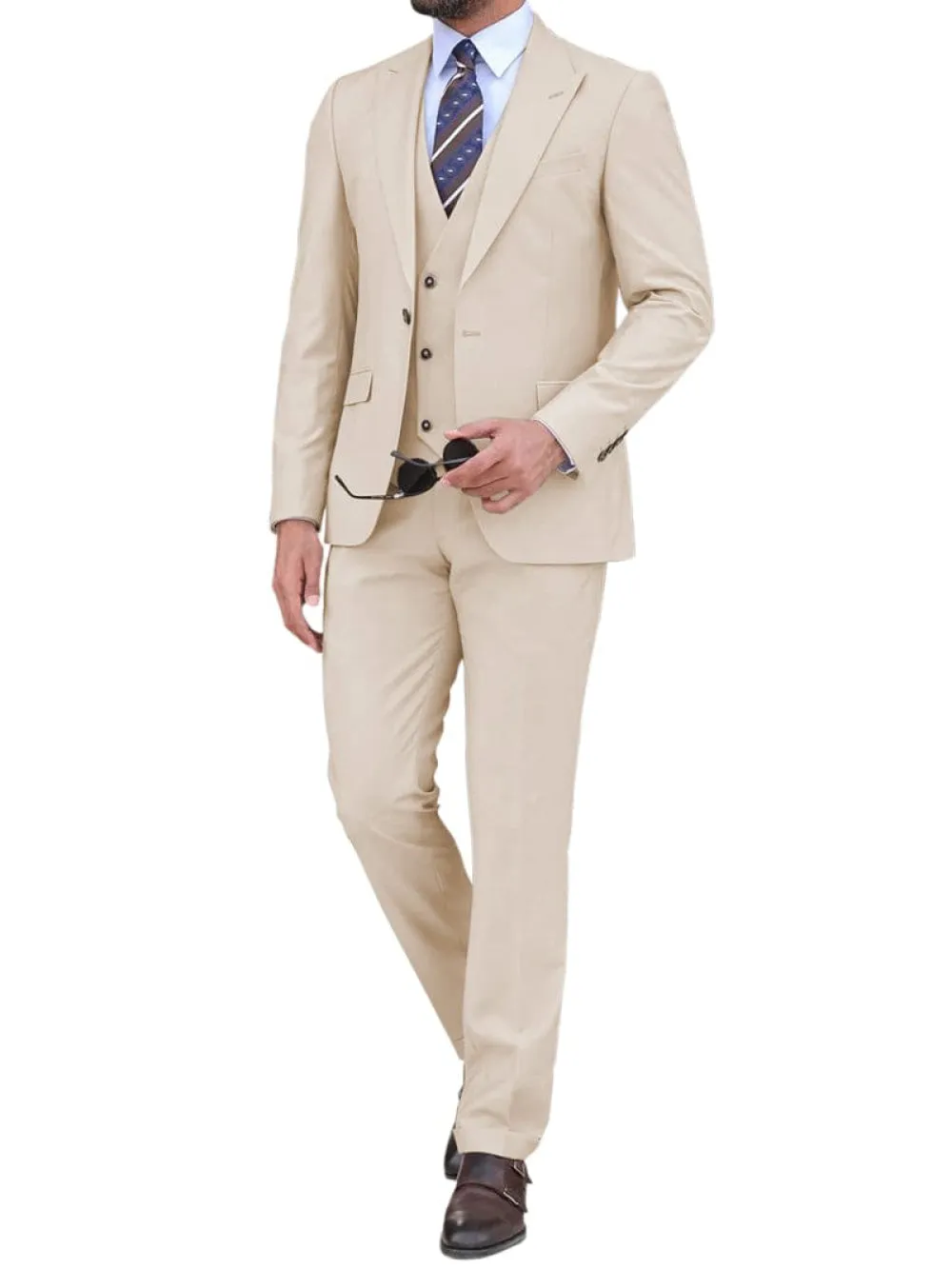 Beige 3 Piece Peak Lapel Men's Suit (Blazer Vest Pants)