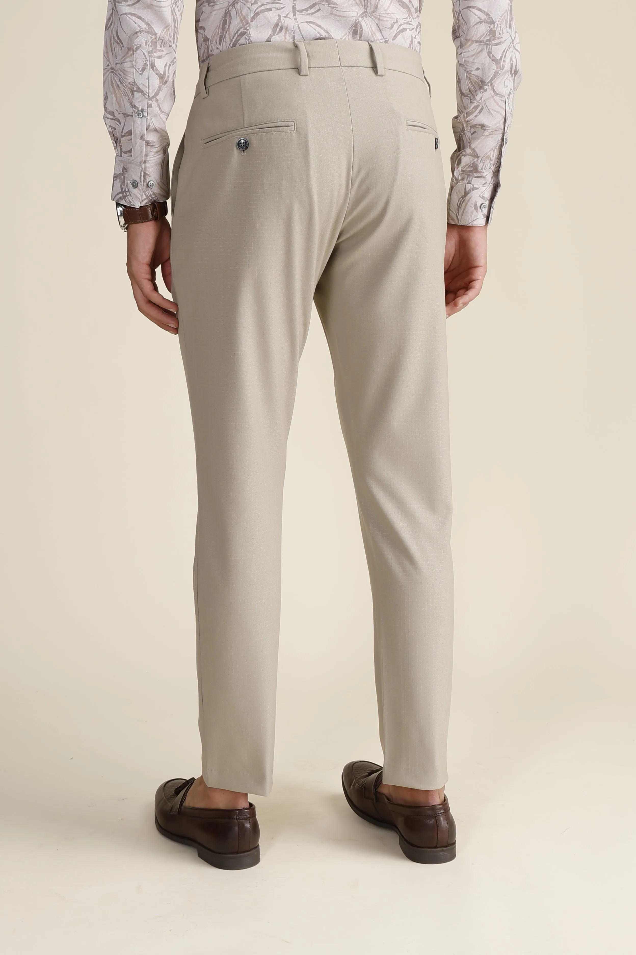 Beige Check Formal Trousers