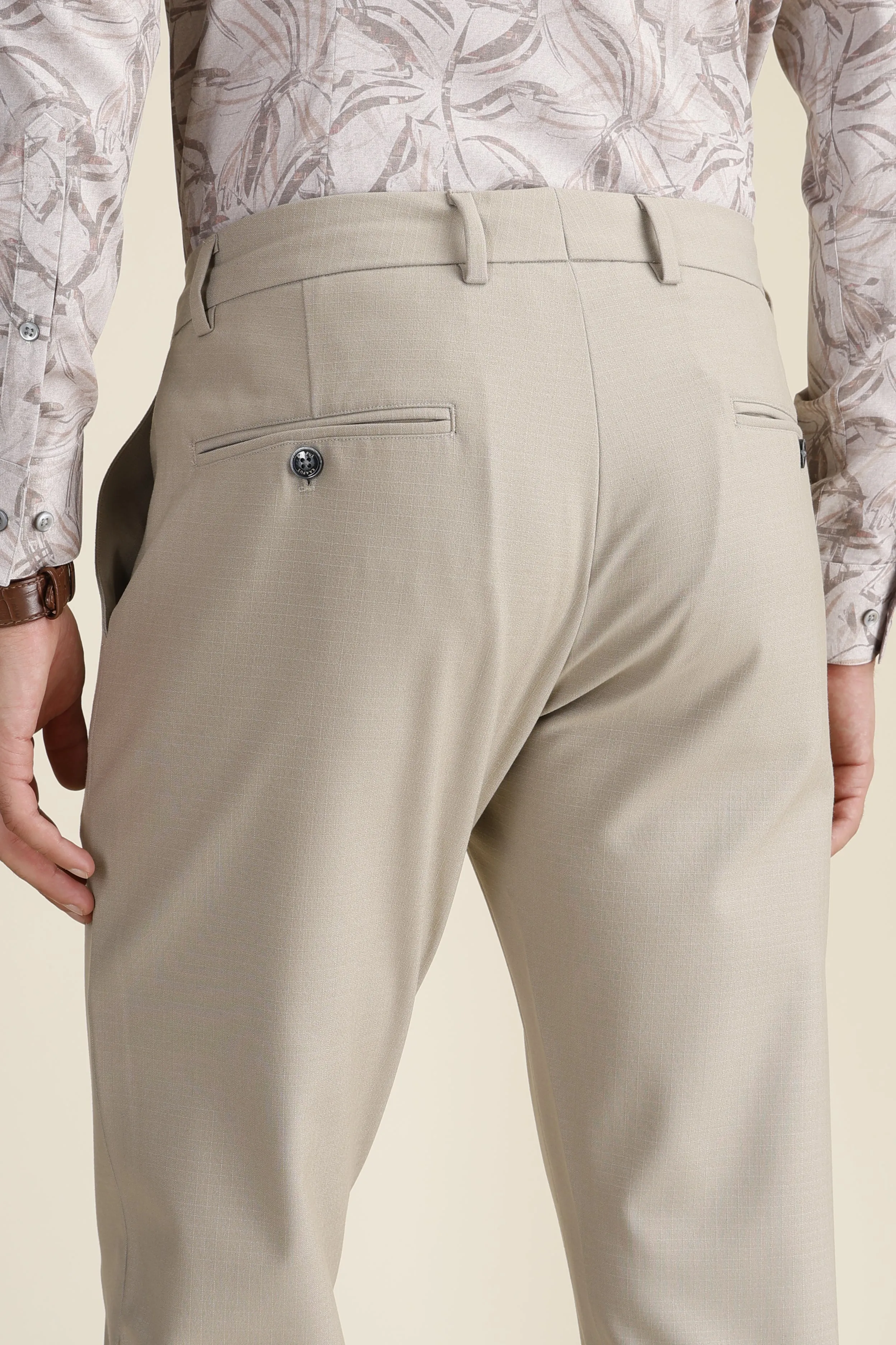 Beige Check Formal Trousers