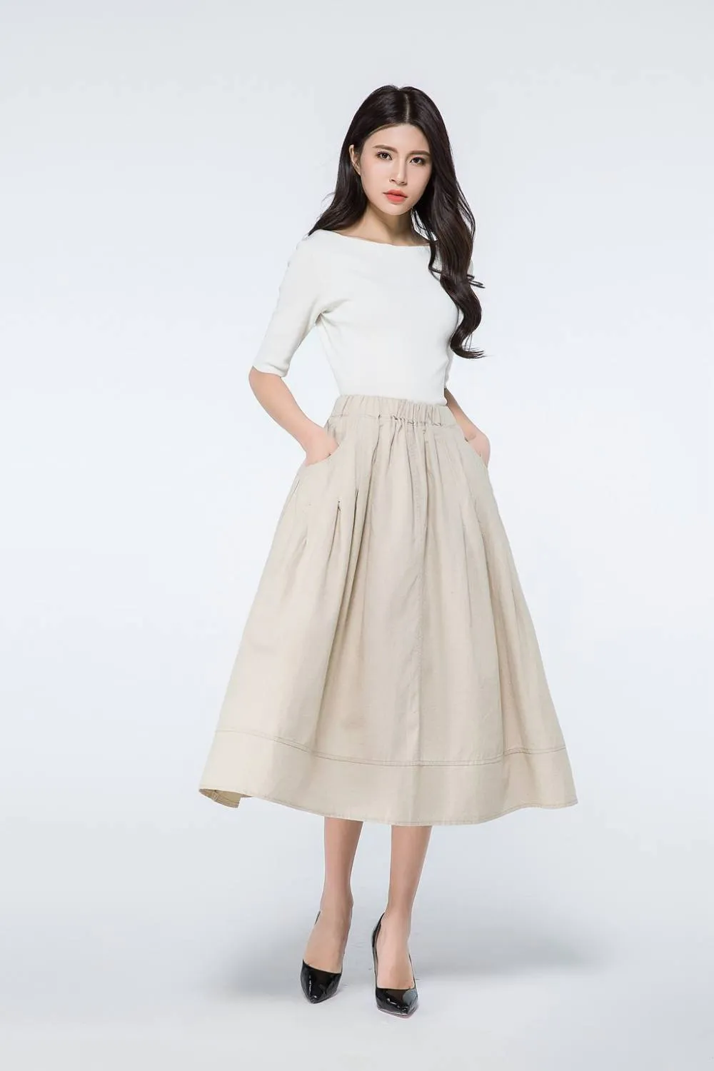 Beige Linen skirt, linen midi skirt, elastic waist skirt, linen skirt with pockets, womens summer linen skirt, beige skirt, midi skirt C1066