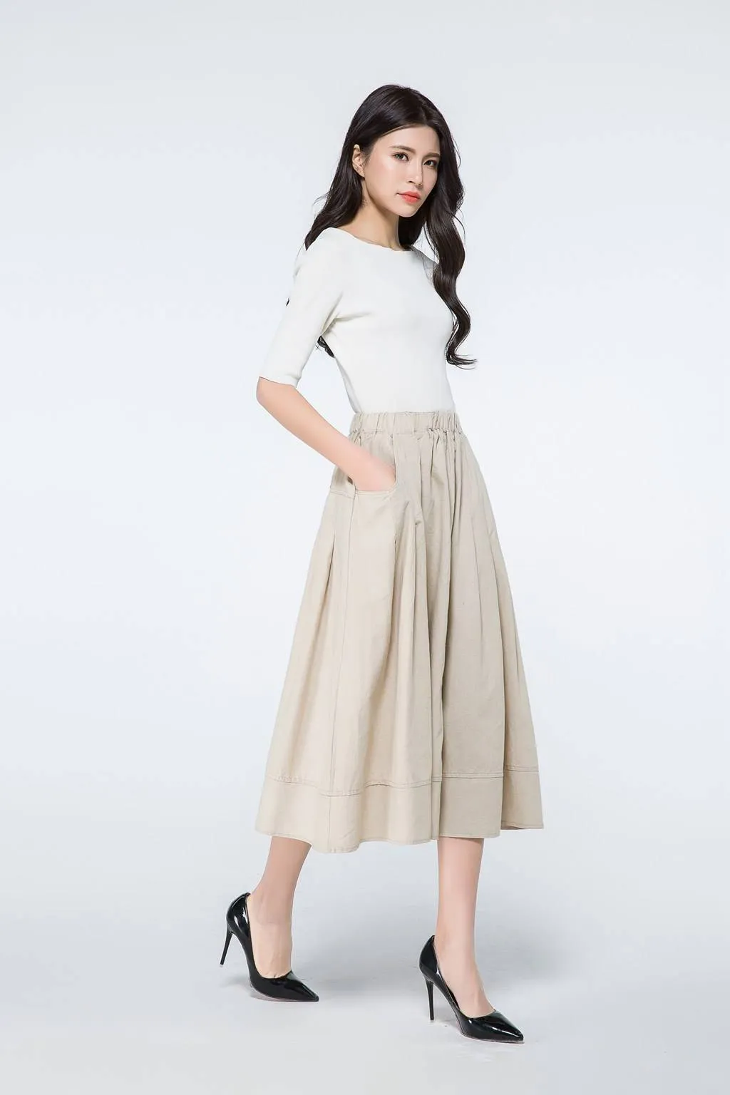 Beige Linen skirt, linen midi skirt, elastic waist skirt, linen skirt with pockets, womens summer linen skirt, beige skirt, midi skirt C1066