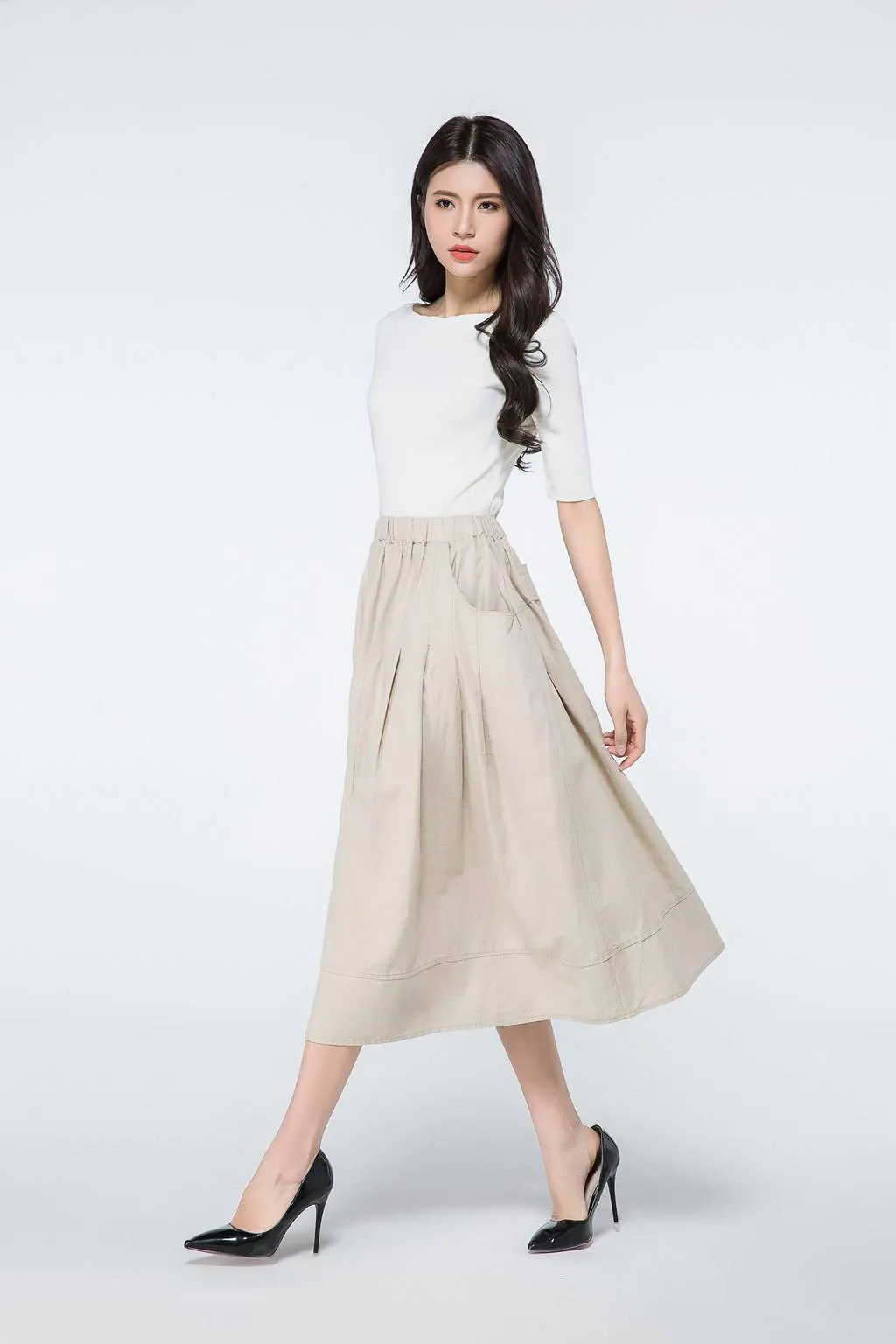 Beige Linen skirt, linen midi skirt, elastic waist skirt, linen skirt with pockets, womens summer linen skirt, beige skirt, midi skirt C1066