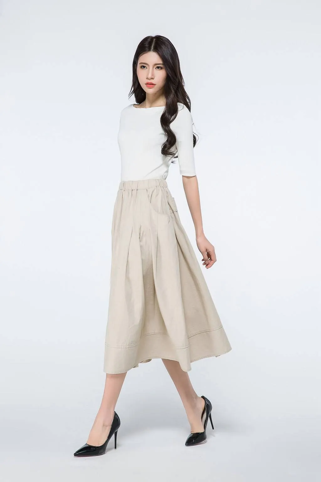 Beige Linen skirt, linen midi skirt, elastic waist skirt, linen skirt with pockets, womens summer linen skirt, beige skirt, midi skirt C1066