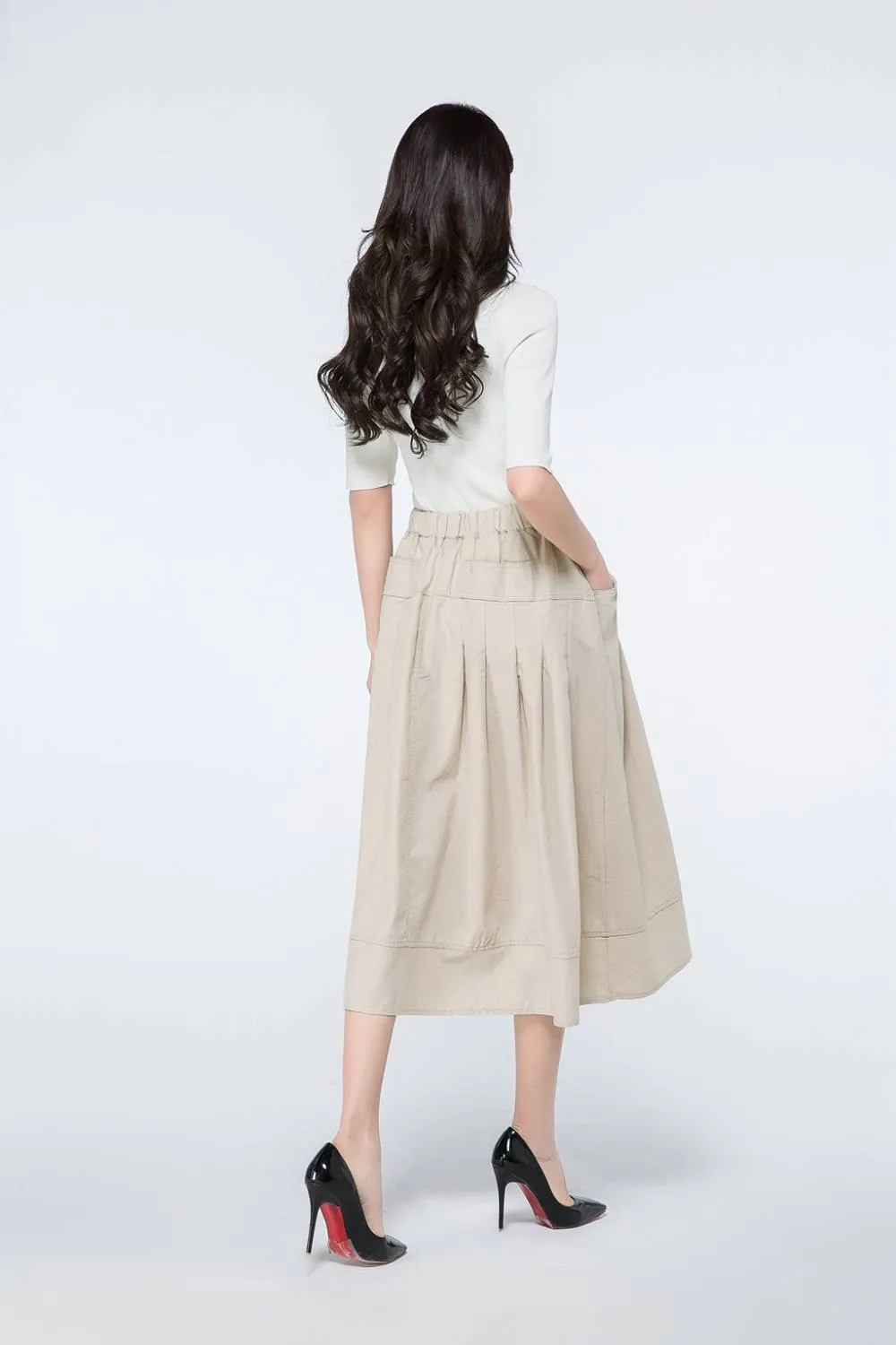 Beige Linen skirt, linen midi skirt, elastic waist skirt, linen skirt with pockets, womens summer linen skirt, beige skirt, midi skirt C1066