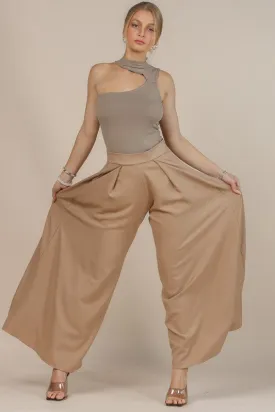 Beige Solid Color Women Wide Palazzo Pants