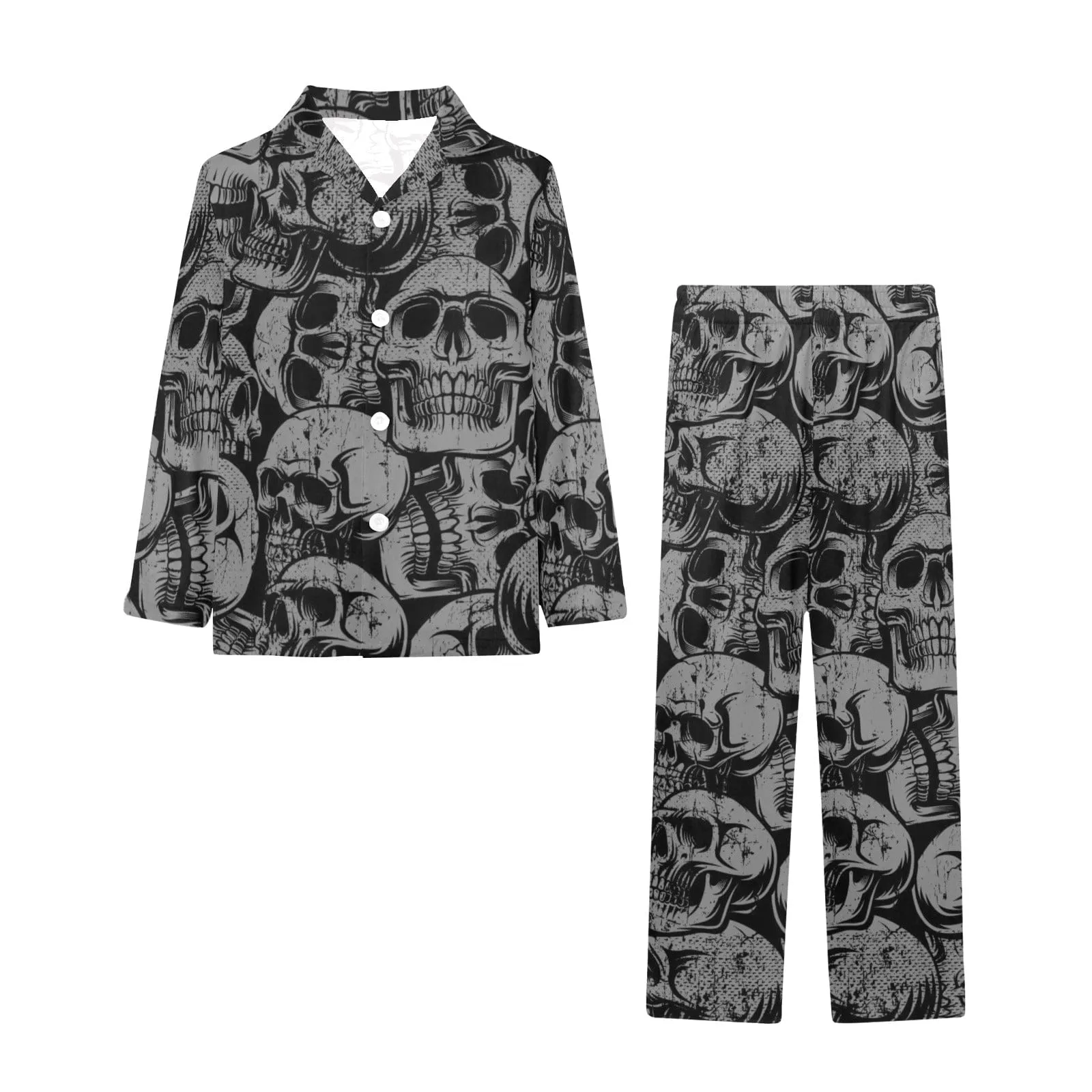 Black Skulls Big Boys V-Neck Long Pajama Set