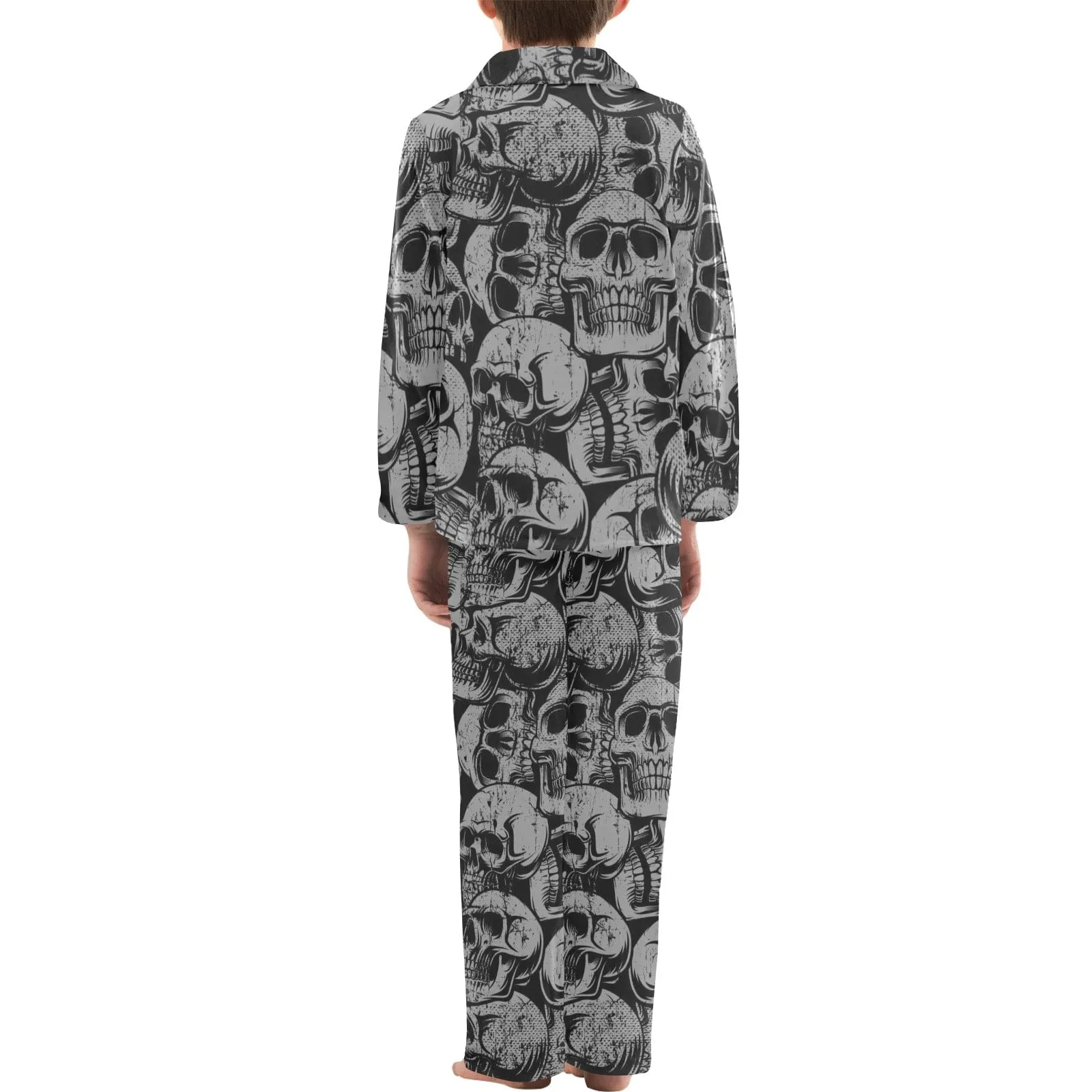 Black Skulls Big Boys V-Neck Long Pajama Set