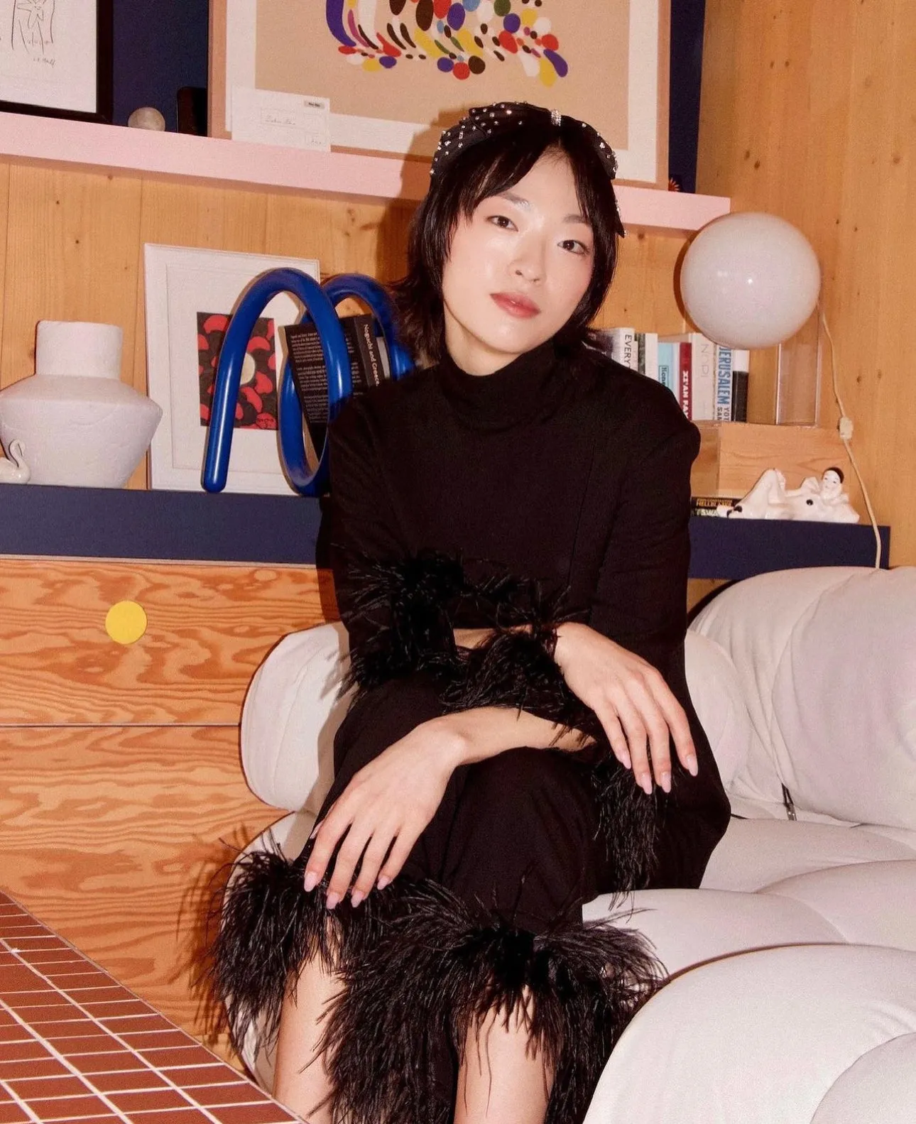 Black Tie Pajama with Detachable Feathers in Black