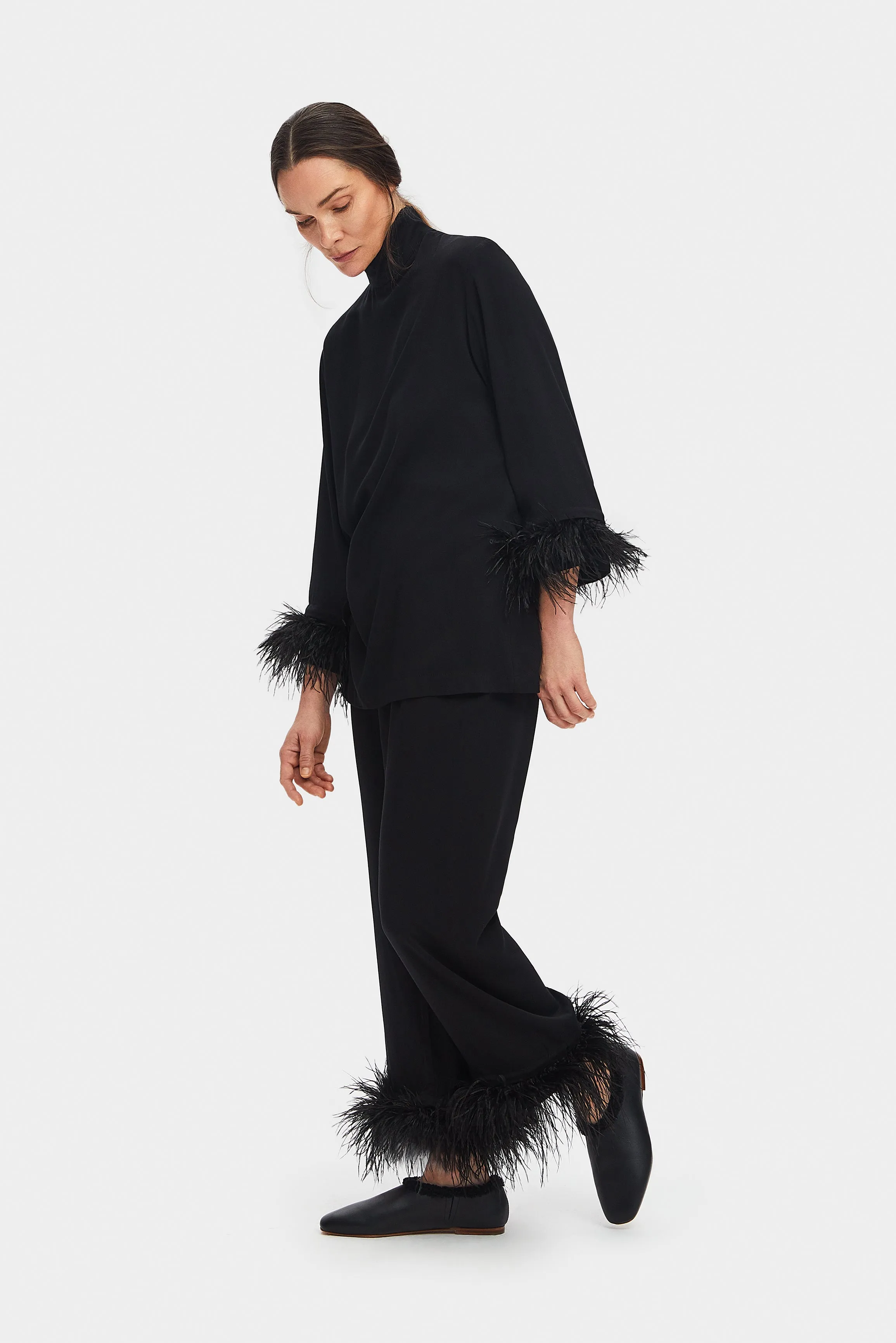 Black Tie Pajama with Detachable Feathers in Black