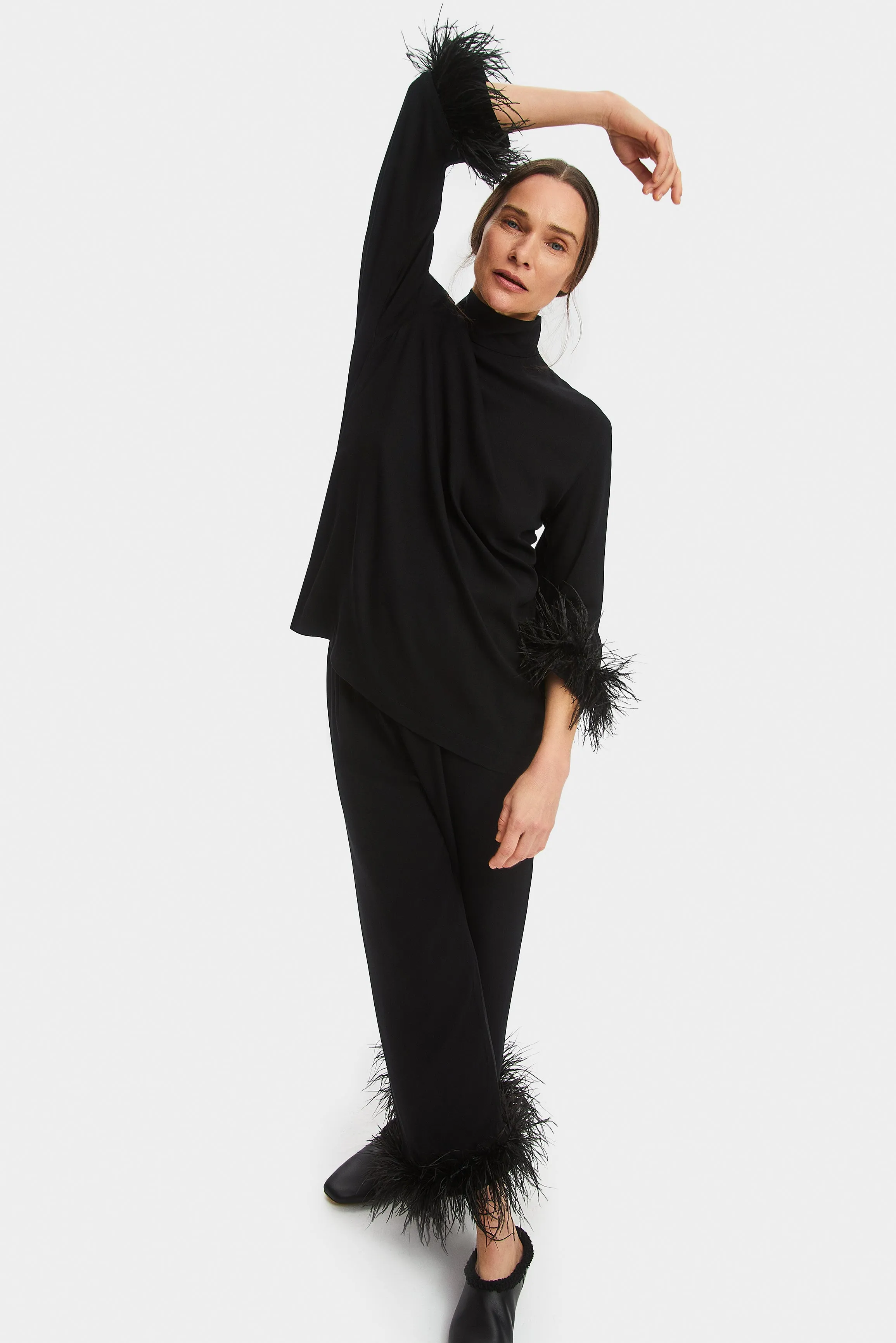 Black Tie Pajama with Detachable Feathers in Black