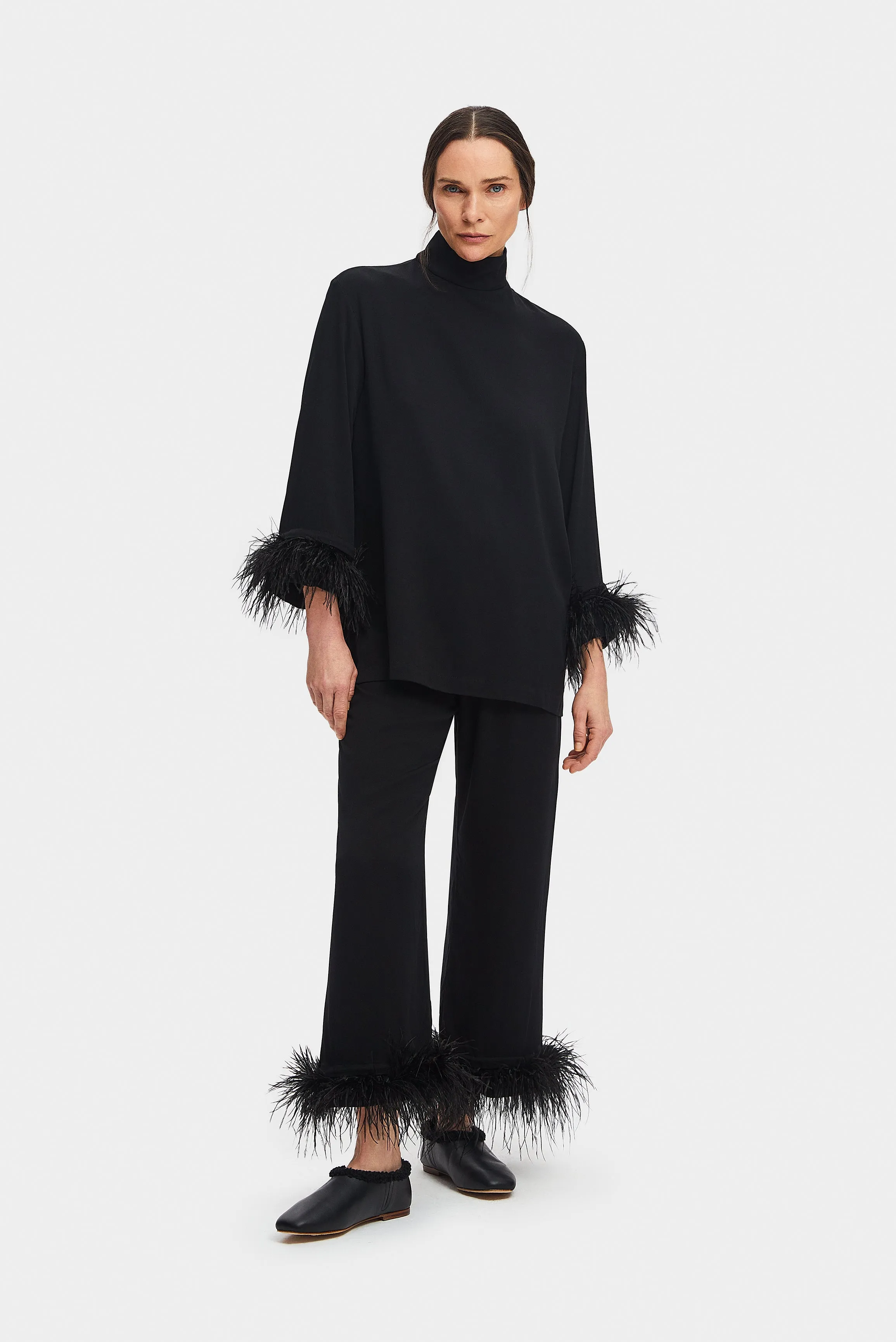 Black Tie Pajama with Detachable Feathers in Black