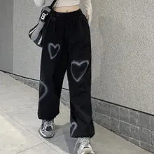 Bonnyshow Korean Oversize Pants Heart Printing Pants Casual Loose High Waist Hallen Pants Streetwear Hip Hop Straight Trousers  Joggers