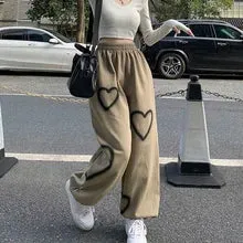 Bonnyshow Korean Oversize Pants Heart Printing Pants Casual Loose High Waist Hallen Pants Streetwear Hip Hop Straight Trousers  Joggers