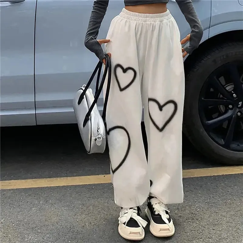 Bonnyshow Korean Oversize Pants Heart Printing Pants Casual Loose High Waist Hallen Pants Streetwear Hip Hop Straight Trousers  Joggers