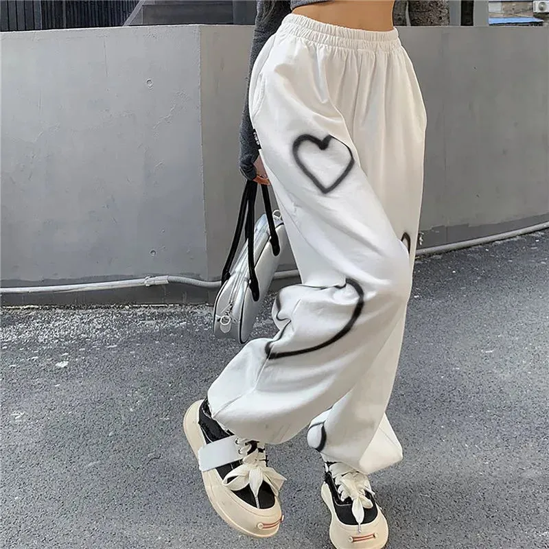 Bonnyshow Korean Oversize Pants Heart Printing Pants Casual Loose High Waist Hallen Pants Streetwear Hip Hop Straight Trousers  Joggers