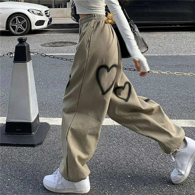 Bonnyshow Korean Oversize Pants Heart Printing Pants Casual Loose High Waist Hallen Pants Streetwear Hip Hop Straight Trousers  Joggers