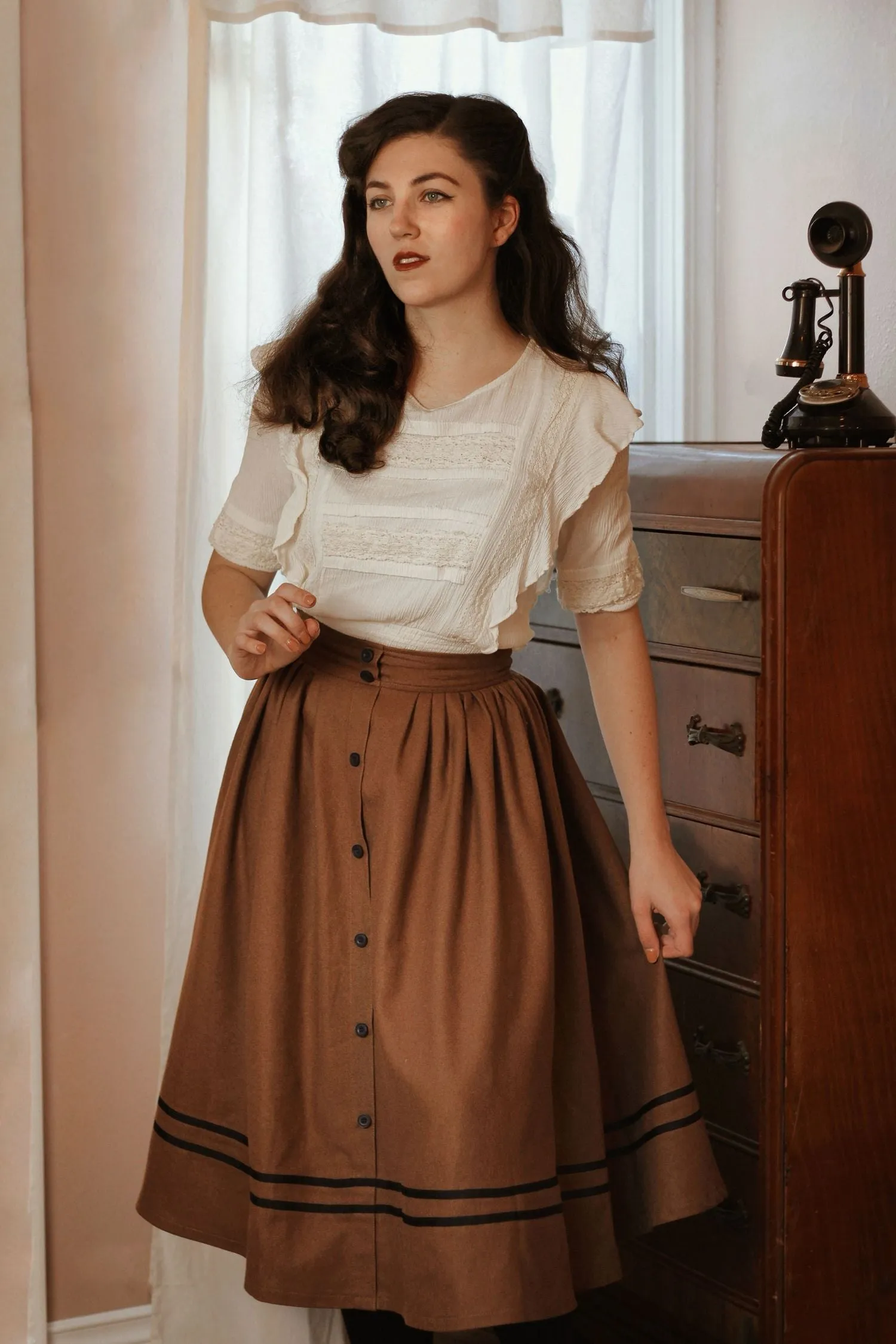 Button Wool Skirt, Brown Skirt for Women C3787