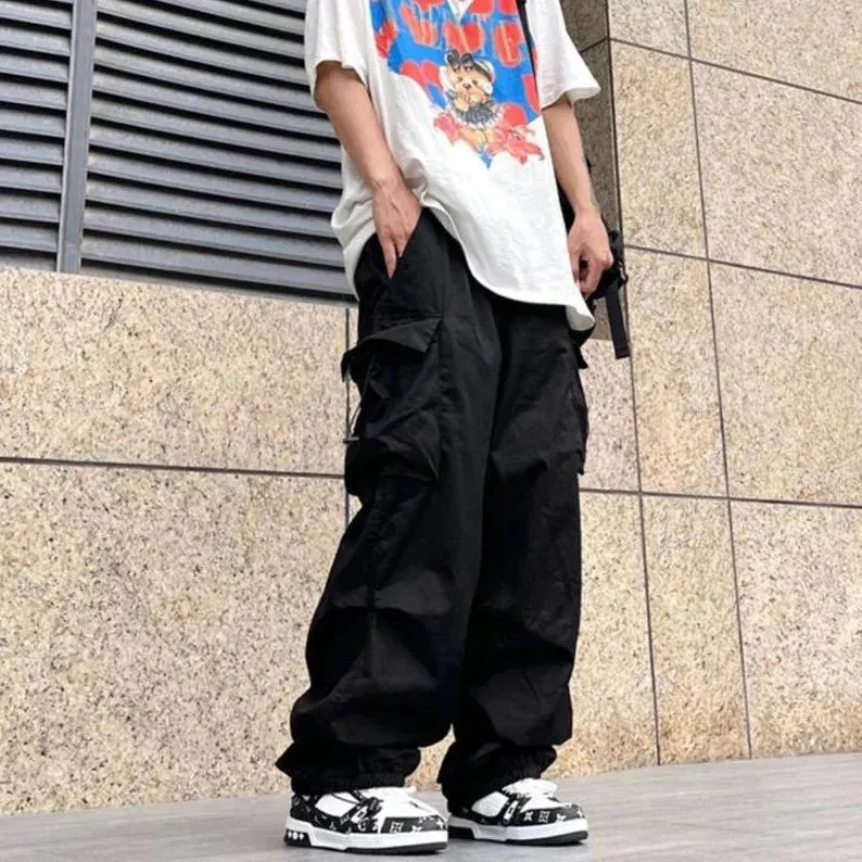 Cargo Pants For Men Streetwear Hip Hop Pants Elastic Waist Black Casual Pants K3007