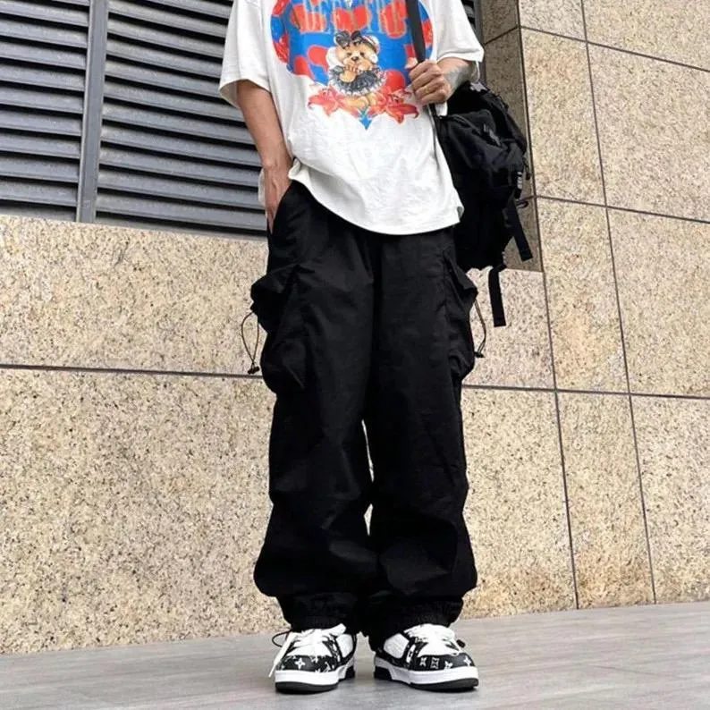 Cargo Pants For Men Streetwear Hip Hop Pants Elastic Waist Black Casual Pants K3007