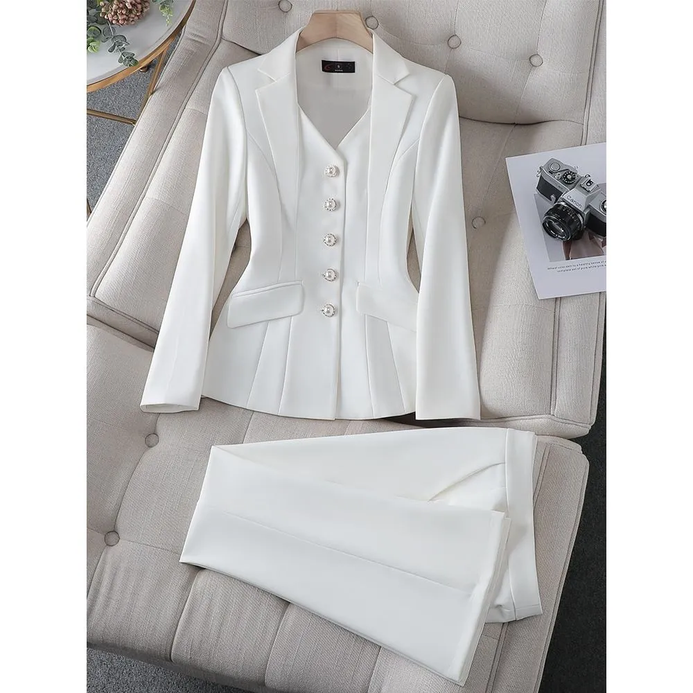 CAROLINE SUITS Women's Elegant Stylish Fashion Office Blazer Jacket & Pants White Suit Set