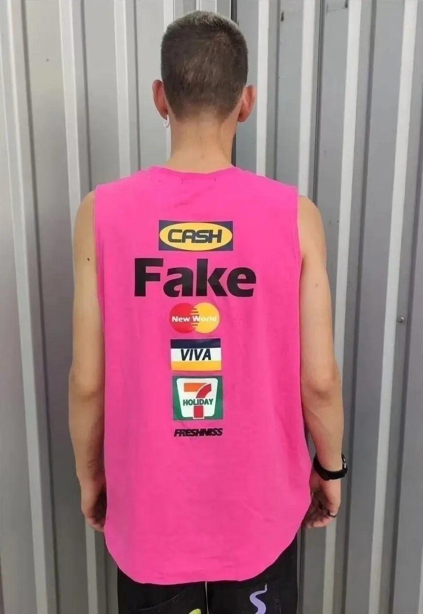 Cash money fake slogan t-shirt bank card print vest in pink