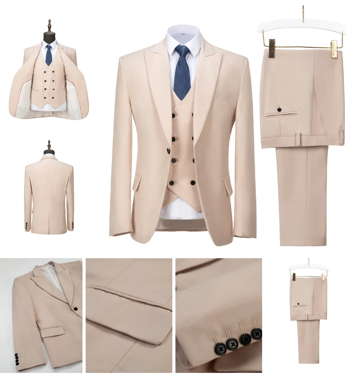 Casual Men's Suit 3 Piece Peak Lapel Flat Tuxedo Wedding (Blazer Vest Pants)