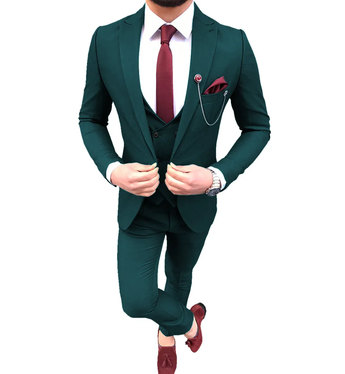 Casual Men's Suit 3 Piece Peak Lapel Flat Tuxedo Wedding (Blazer Vest Pants)