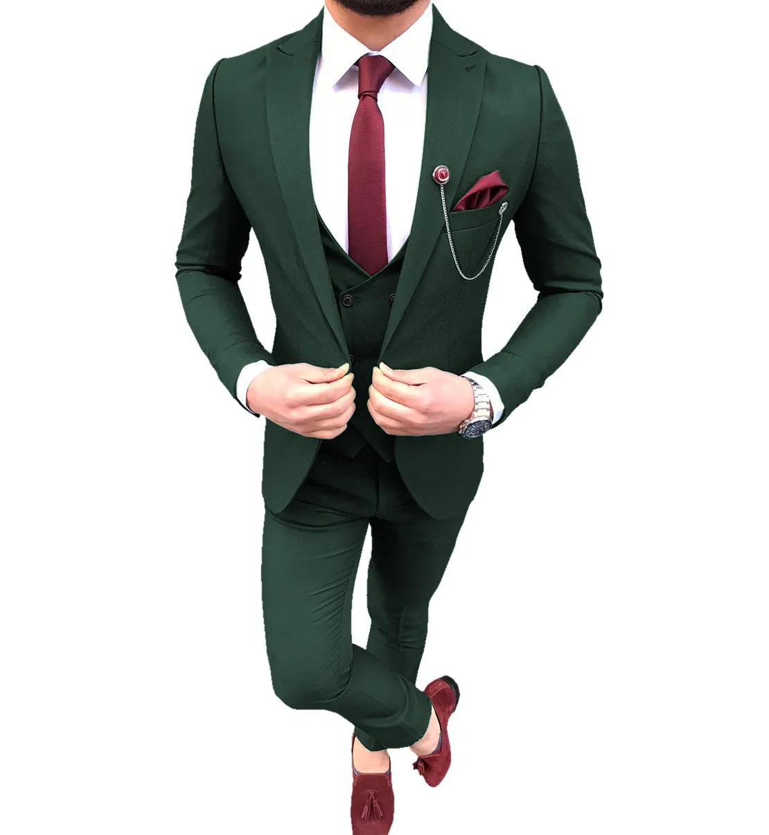 Casual Men's Suit 3 Piece Peak Lapel Flat Tuxedo Wedding (Blazer Vest Pants)