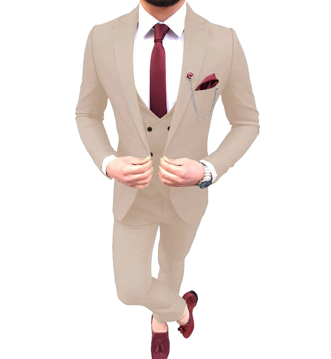 Casual Men's Suit 3 Piece Peak Lapel Flat Tuxedo Wedding (Blazer Vest Pants)