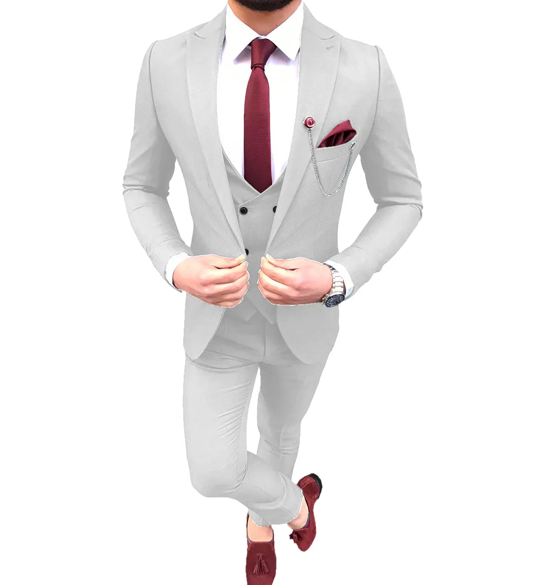 Casual Men's Suit 3 Piece Peak Lapel Flat Tuxedo Wedding (Blazer Vest Pants)