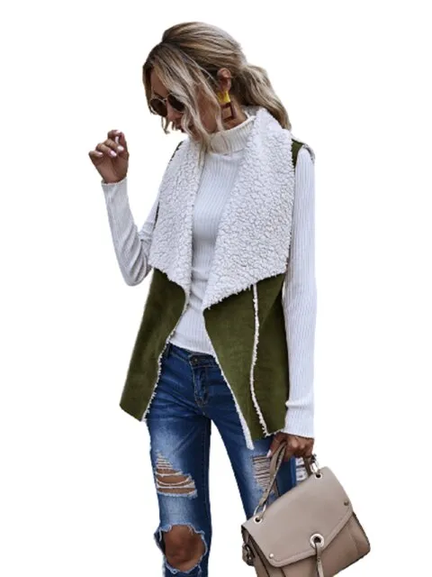 Casual Two Ways Wear Big Lapel Waistcoat Fashion Sleeveless Simple Stitching Lamb Wool Vest Women Autumn Winter Coat Suede Tank