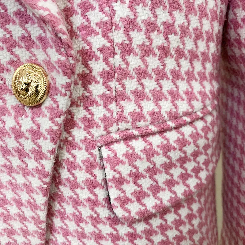 Chic Commander, Double-Breasted Lion Button Pink Plaid Wool Trim Suit Jacket