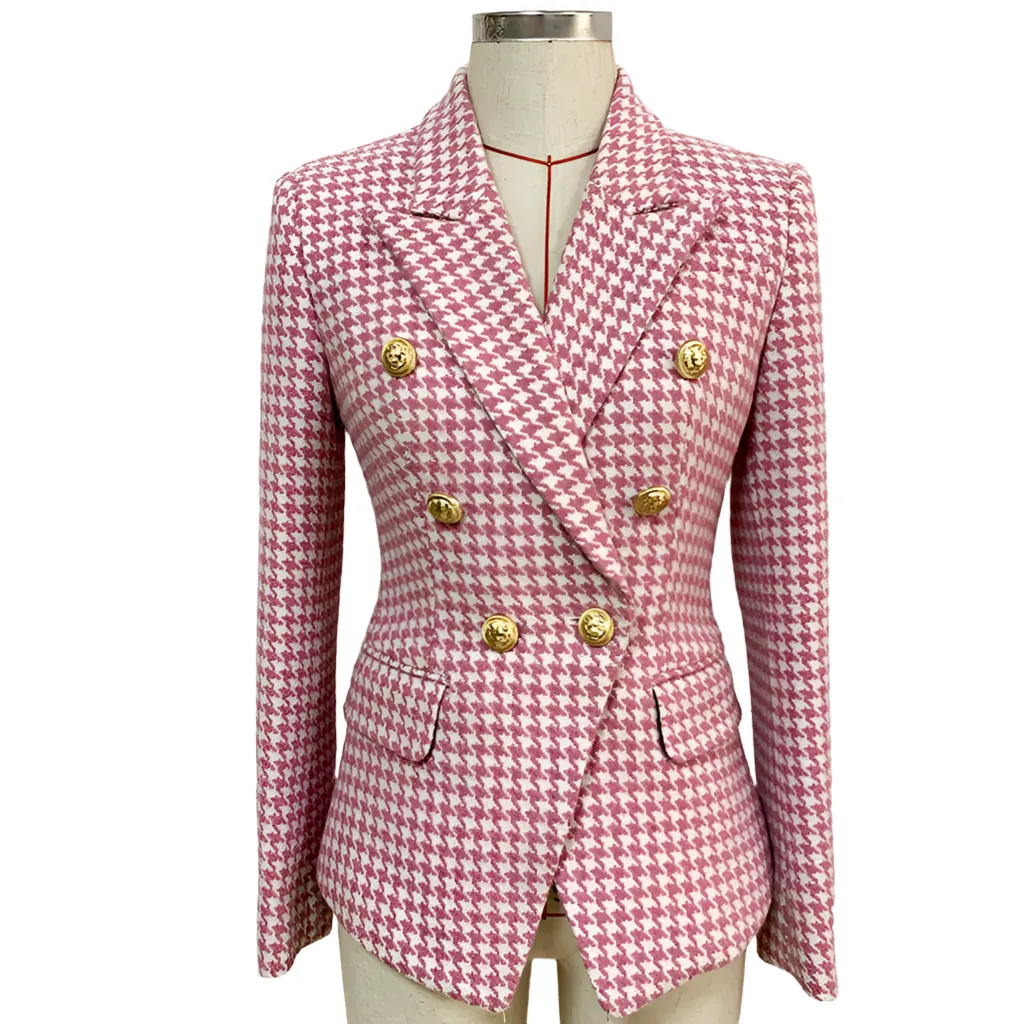 Chic Commander, Double-Breasted Lion Button Pink Plaid Wool Trim Suit Jacket