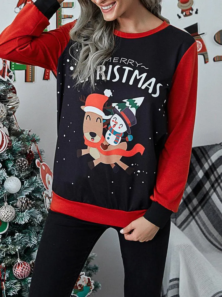 Christmas Print Splicing Long Sleeve T-shirt