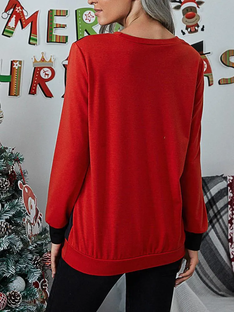 Christmas Print Splicing Long Sleeve T-shirt