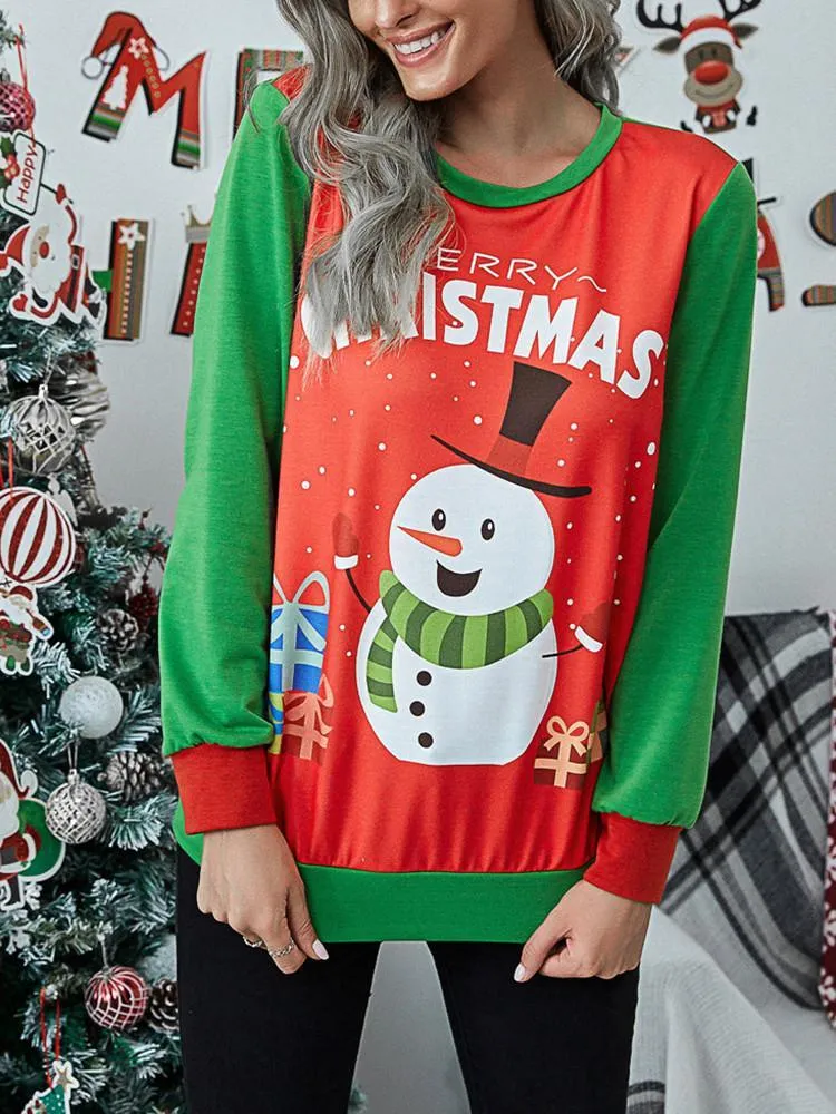 Christmas Print Splicing Long Sleeve T-shirt