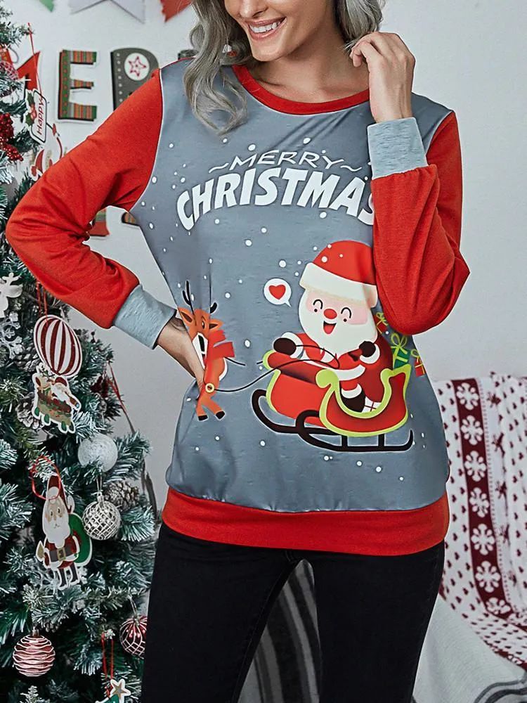 Christmas Print Splicing Long Sleeve T-shirt