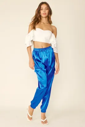 Cobalt Blue Glossy Satin Cargo Pants